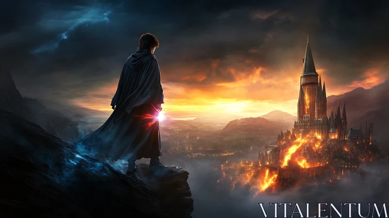 Cloaked figure observing burning castle at sunset horizon.