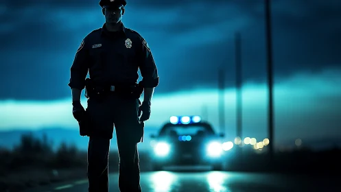 Police officer silhouettes against patrol car lights at night.