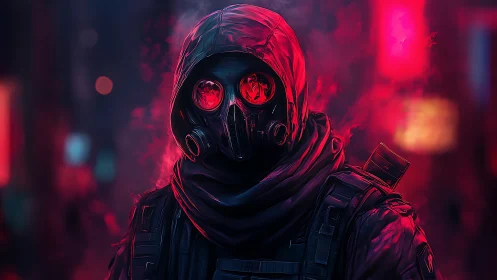 Hooded figure in gas mask amid neon red urban haze.