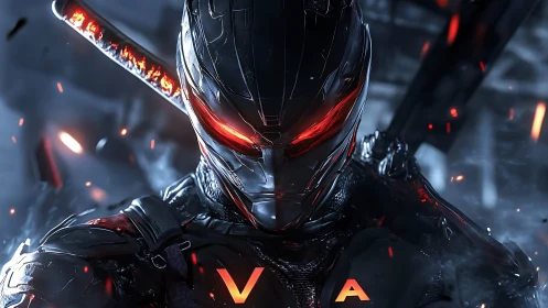 Cybernetic warrior stands poised in glowing ember-lit haze