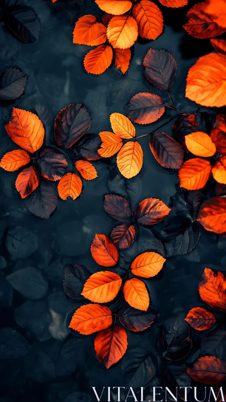 Glow of autumn leaves rests gently on deep, dark water