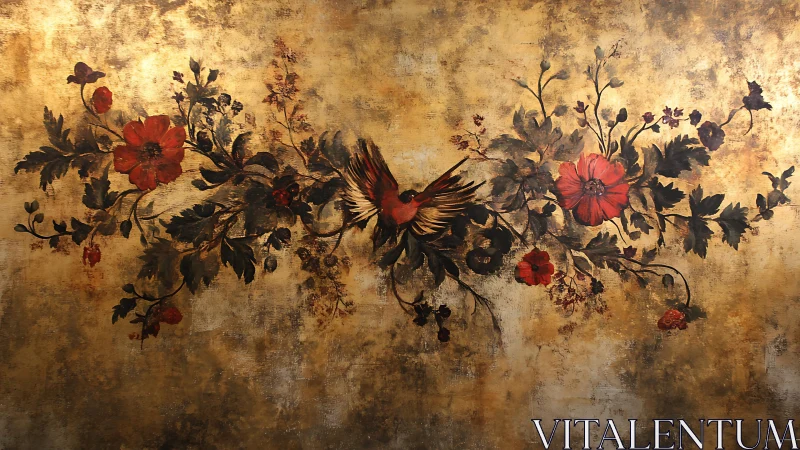 Floral mural with central bird on textured gold ground.