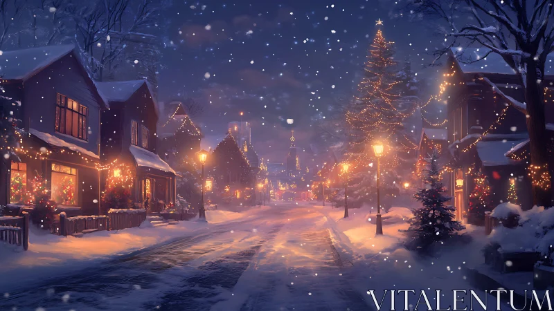 Snowy village street under warm festive Christmas lights.