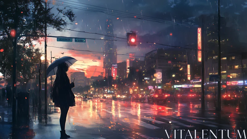 Rain-soaked urban intersection at dusk with silhouetted figure