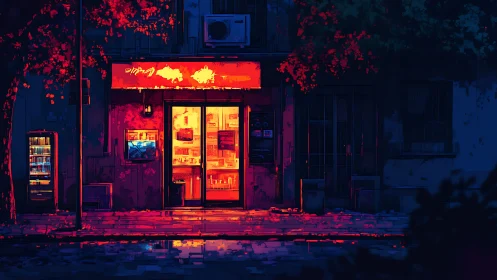 Neon dusk leans into a glowing corner shop doorway dream