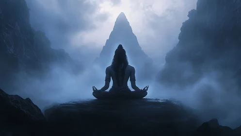 Backlit yogi silhouette in misty canyon with symmetric mountain