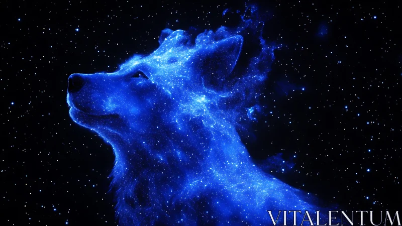 Starlit cosmic wolf gazing softly into the glowing night sky.