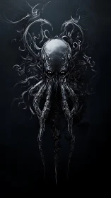 Eldritch chrome cephalopod entity in voidlike darkness.