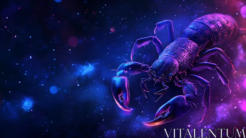 Neon cosmic scorpion drifts through ultraviolet starlit void.