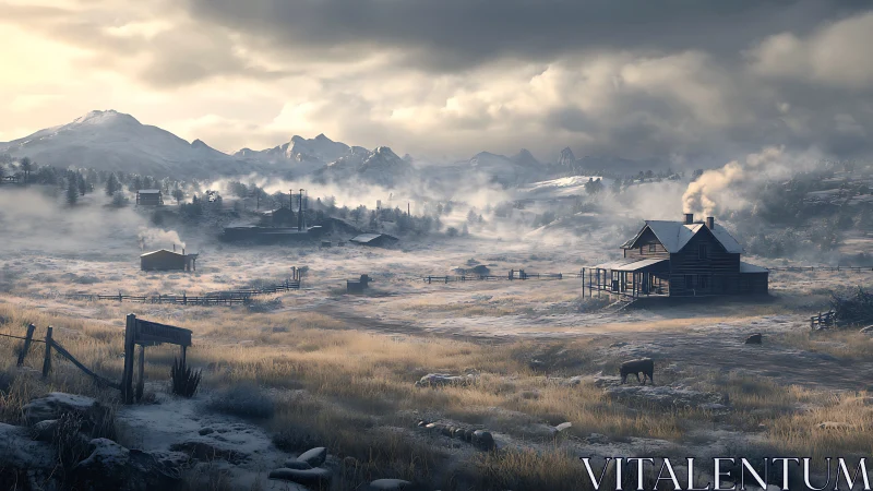 Snow-dusted ranch valley rests beneath dramatic winter sky.