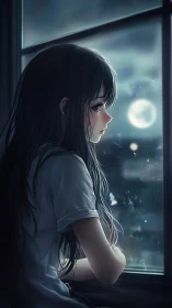 Moonlit window keeps a quiet girl company in soft blues