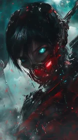 Fierce cybernetic warrior meets your gaze with blazing resolve