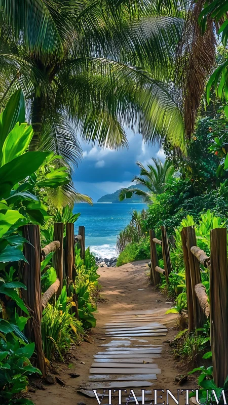 Inviting tropical path leading toward a calm turquoise sea.