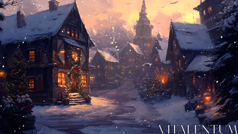 Snowy village street glowing with cozy holiday warmth.