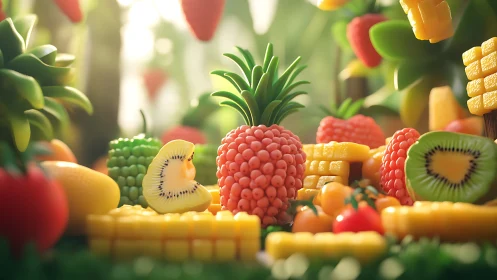 Playful hybrid fruits in sunlit tropical fantasy orchard.