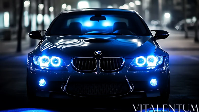 Front view of a dark BMW coupe with blue LED headlights