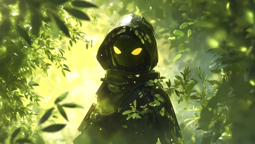 Leaflit sentinel in a neon forest hush, quietly watching.