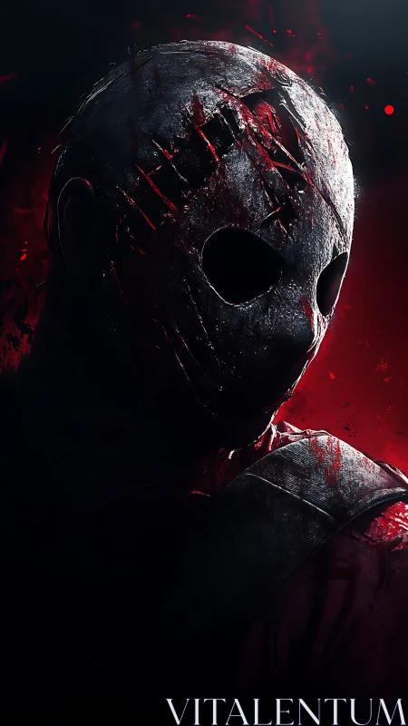 Masked figure in blood-splattered horror portrait lighting.