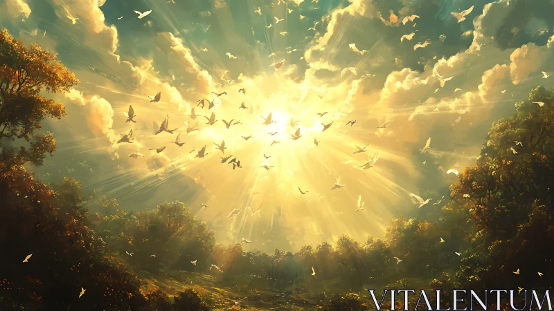 Sunlit flock of birds ascends through radiant forest sky