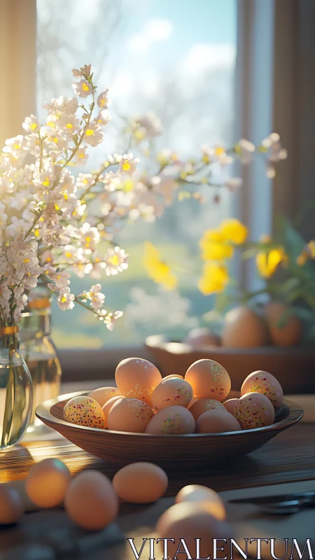 Pastel Easter eggs rest in warm spring window light.