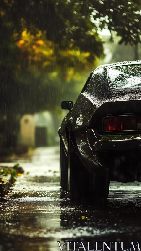 Vintage car parked on wet street under autumn rain.