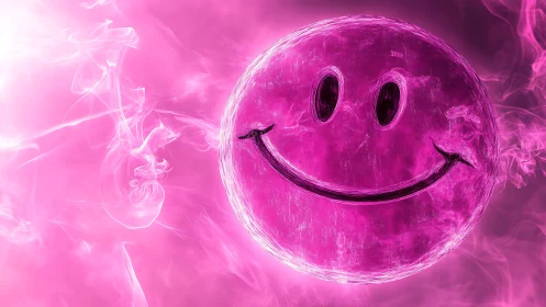 Smiley face sphere glows in pink smoky digital background