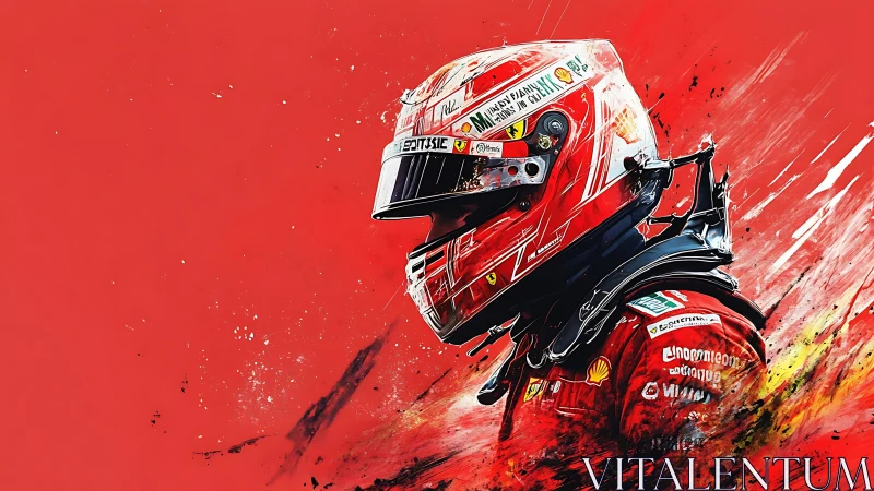 Racing driver portrait explodes through vivid scarlet motion.