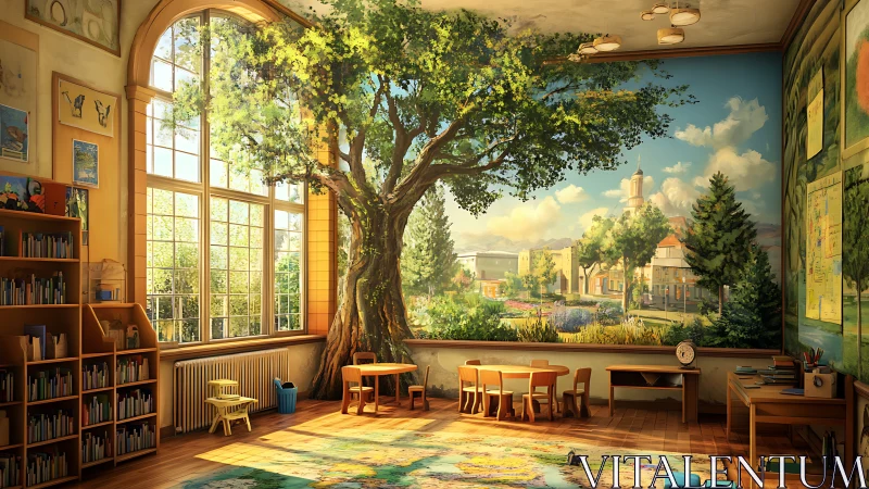 Storybook classroom merges nature mural with cozy reading space.