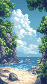 Pixel art coastal landscape with rocky cove and tropical vegetation