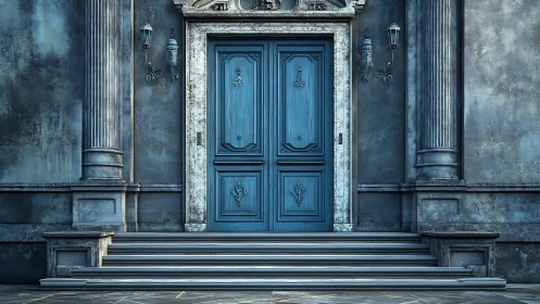Blue neoclassical doorway with weathered stone facade.