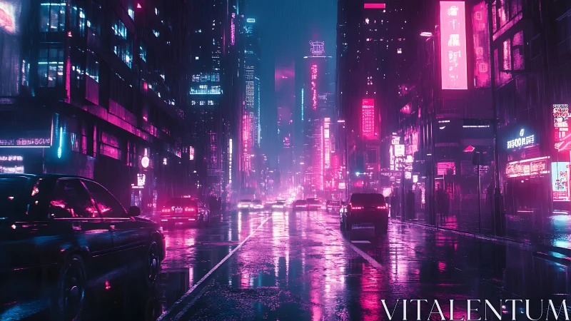 Neon lit city street shows wet asphalt and cars in rain