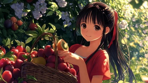 Anime girl harvests ripe summer fruits in glowing orchard.