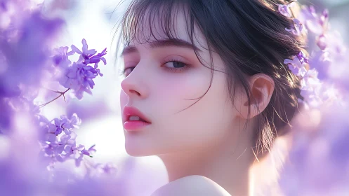 Digital portrait of young woman among soft lilac flowers.