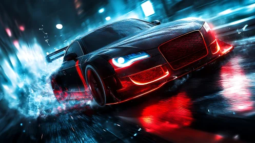 Sleek sports car drifts through neon city street rain.