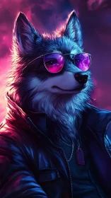 Cool cyberpunk wolf in neon jacket and mirrored shades.