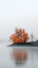 Solitary autumn island rests in soft morning fog reflection.