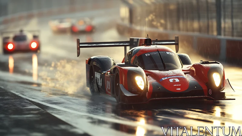 Endurance prototype race car cornering on wet circuit under rain