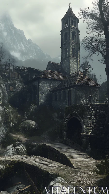 Weathered mountain chapel rises above a misty stone bridge