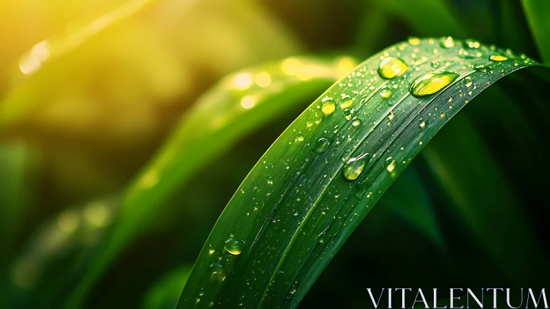 Dew-covered green blade bends under warm morning sunlight