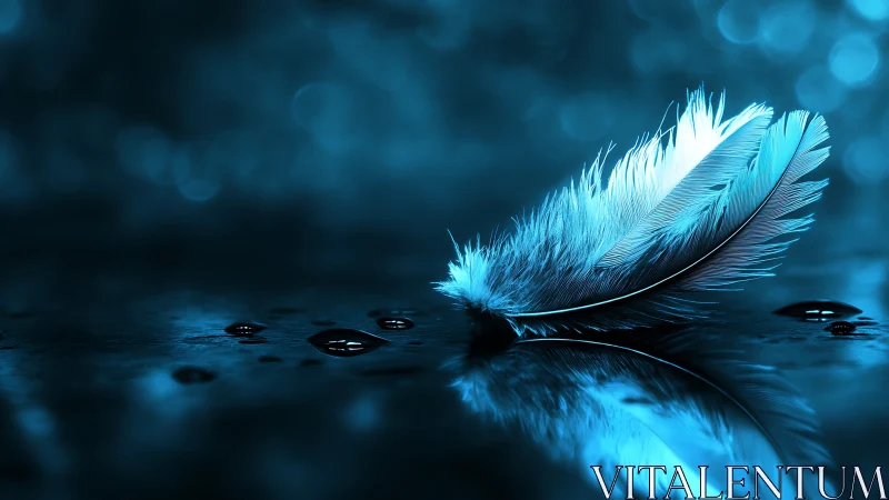 Soft blue feather resting gently on a moonlit puddle.