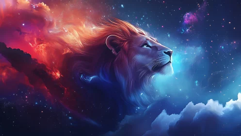 Celestial lion portrait rendered in luminous nebular gradients
