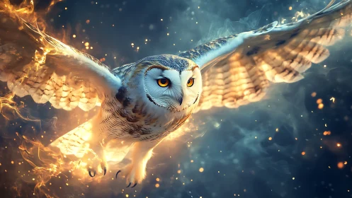 Owl rendered mid-flight with luminous wings and embers