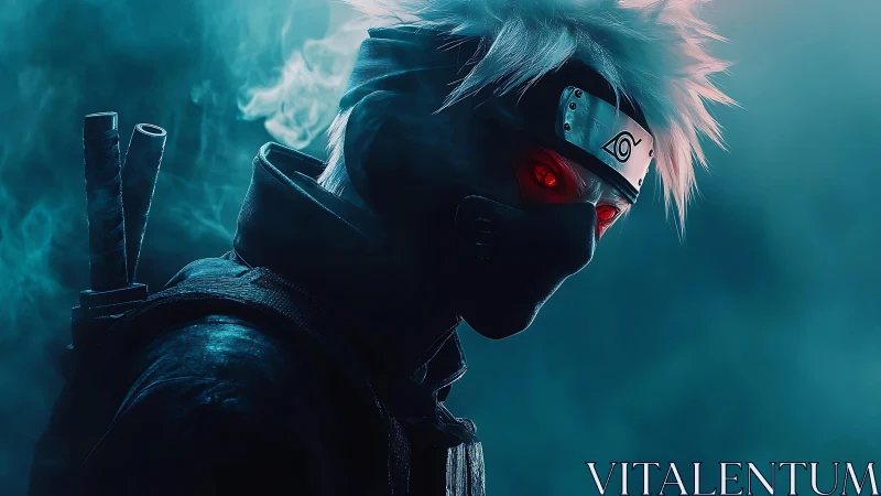 Masked silver haired ninja glows with ominous red eyes.