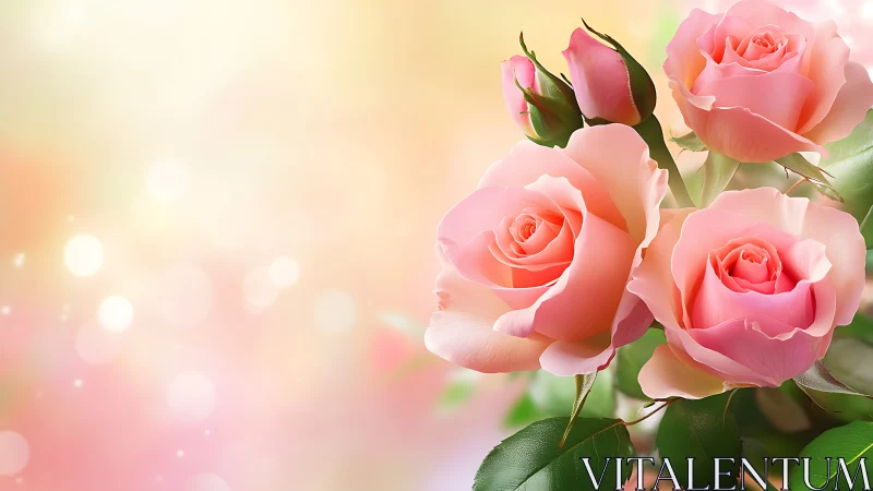 Soft Pink Roses Against Warm Bokeh Light Gradient Background.
