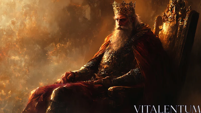 Aged war king sits on gilded throne in burning dusk light