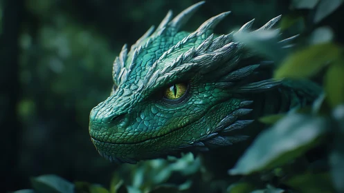 Emerald forest dragon portrait with cinematic depth of field.
