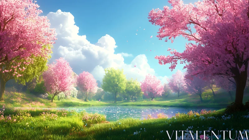 Spring cherry blossom meadow around tranquil blue pond.