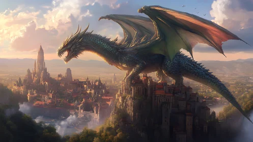 Heroic fantasy dragon over citadel skyline, digital painting.