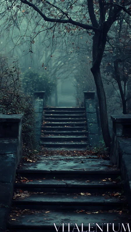 Misty stone staircase ascending through eerie forest path.