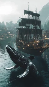Breaching whale intersects lantern‑lit galleon in foggy harbor